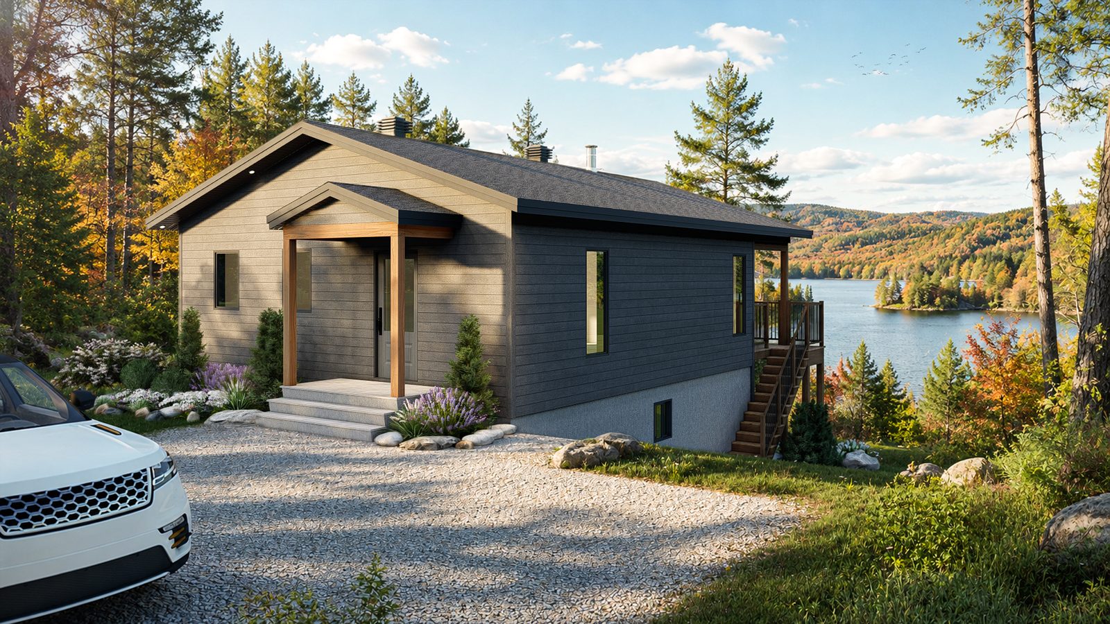 Rendu 3D de la facade avant - maison moderne avec revetement charbon et beige, au bord du lac d'Orford en automne